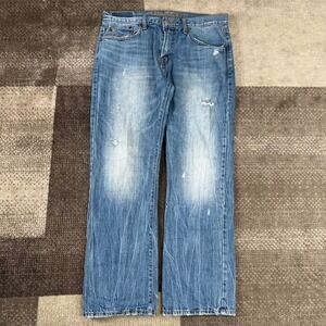 American Eagle Original Straight Mens Blue Distressed Jeans 32x30 Whiskering